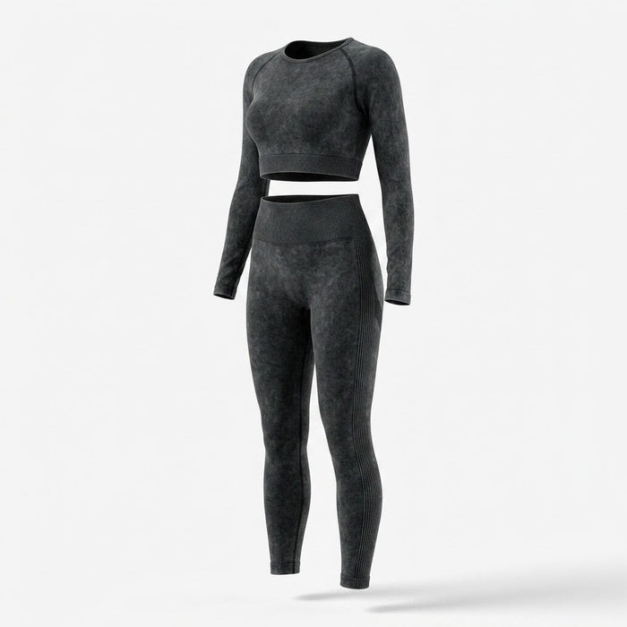 Kvinnors Sömlösa Långärmad Crop Top och Leggings Set – Formande Tvådelad Träningskläder