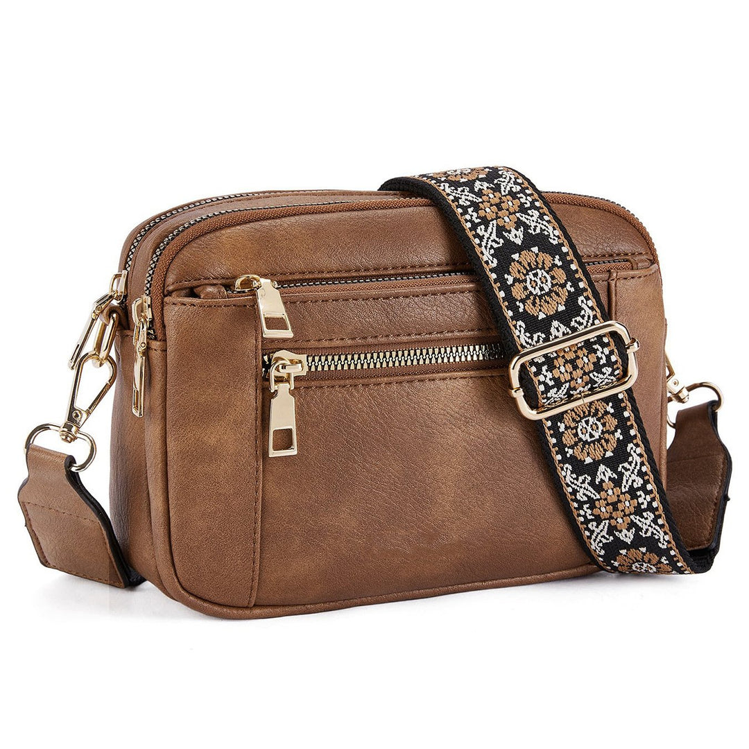 Kvinnors Multi Zip Crossbody Väska Med Tryckt Rem Detalj