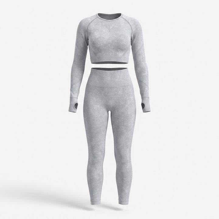 Kvinnors Sömlösa Långärmad Crop Top och Leggings Set – Formande Tvådelad Träningskläder