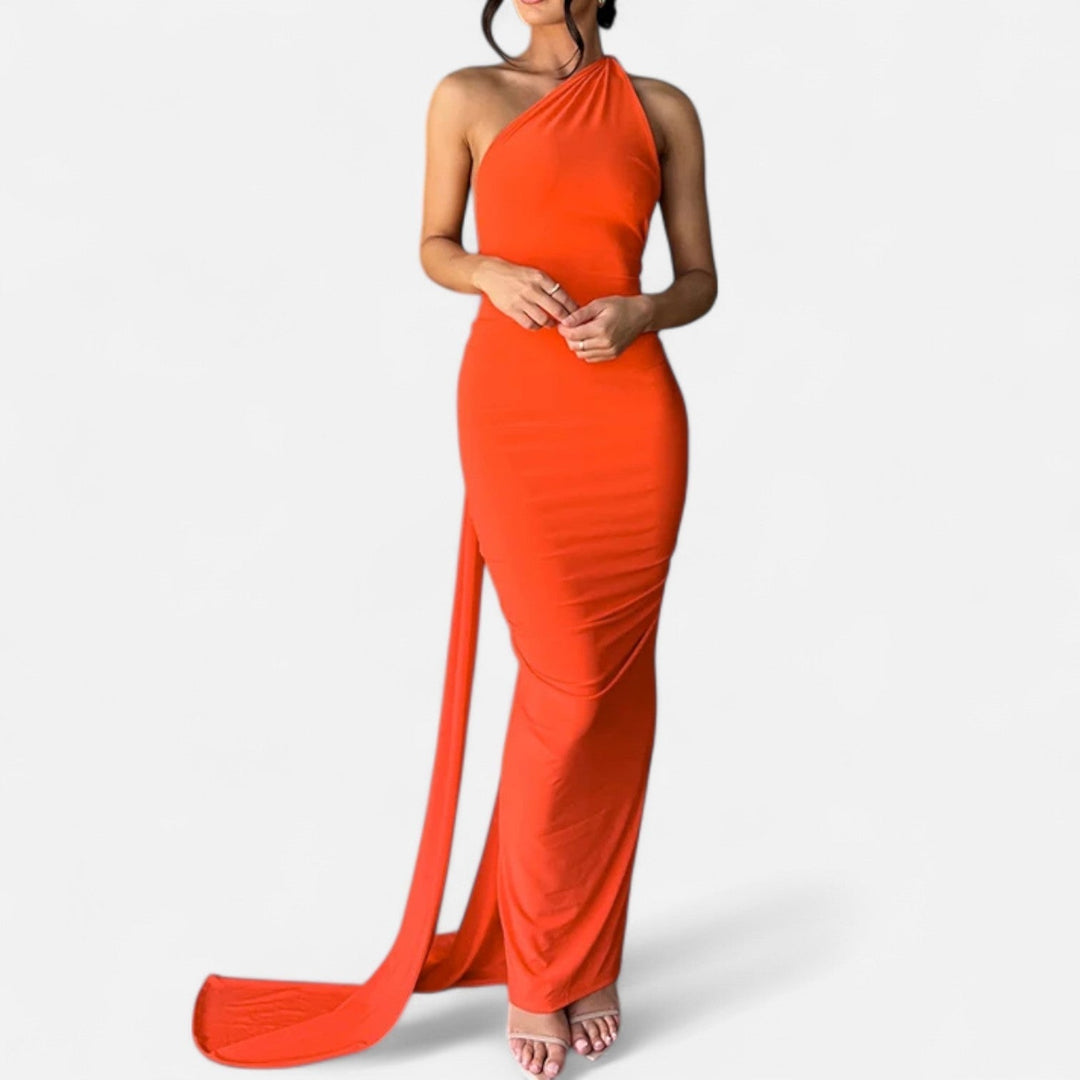 Kvinnors Enaxlad Halterneck Maxi Klänning – Fitted Gown för Kvällsevenemang