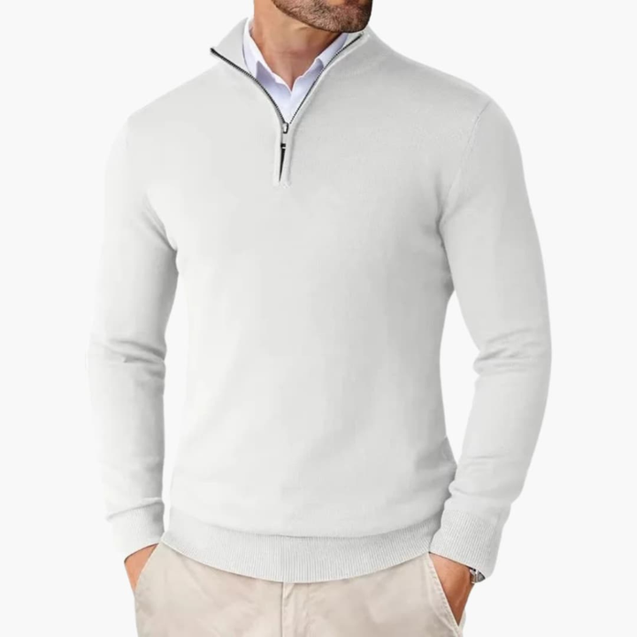 Herrars Quarter Zip Pullover Ribbad Nederkant Stickad Topp