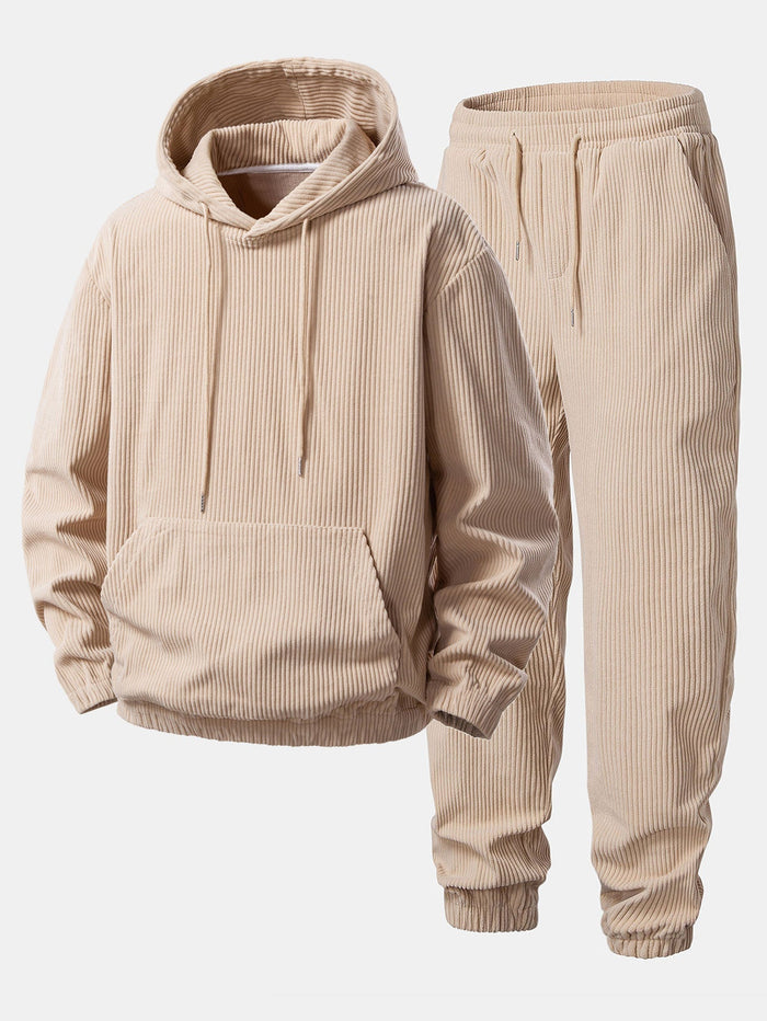 Herrens Ribbade Kordfløyels Träningsdräkt – Avslappnad Hoodie och Taperade Joggers för Höstresor