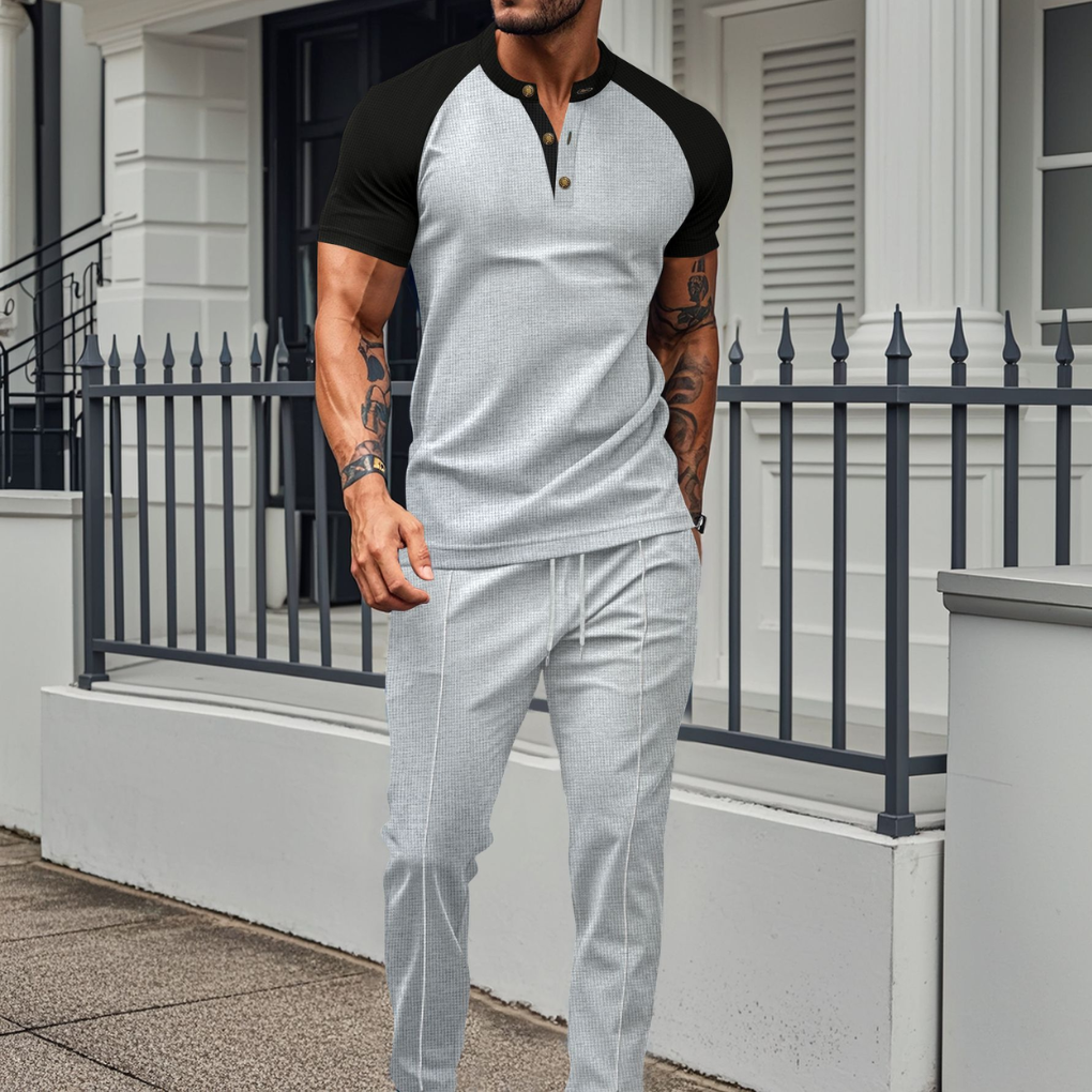 Herrars Kontrast Henley T-Shirt och Texturerad Jogger Set