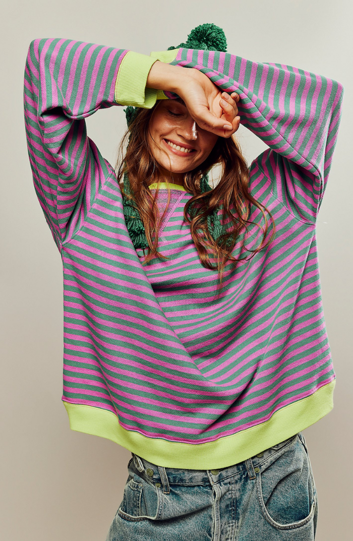 Kvinnors Oversized Randig Sweatshirt Avslappnad Ballongärm Pullover