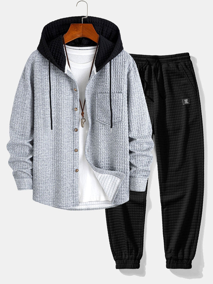 Herr Waffle Huvtröja och Jogger Set – Texturerad Helg Casualwear
