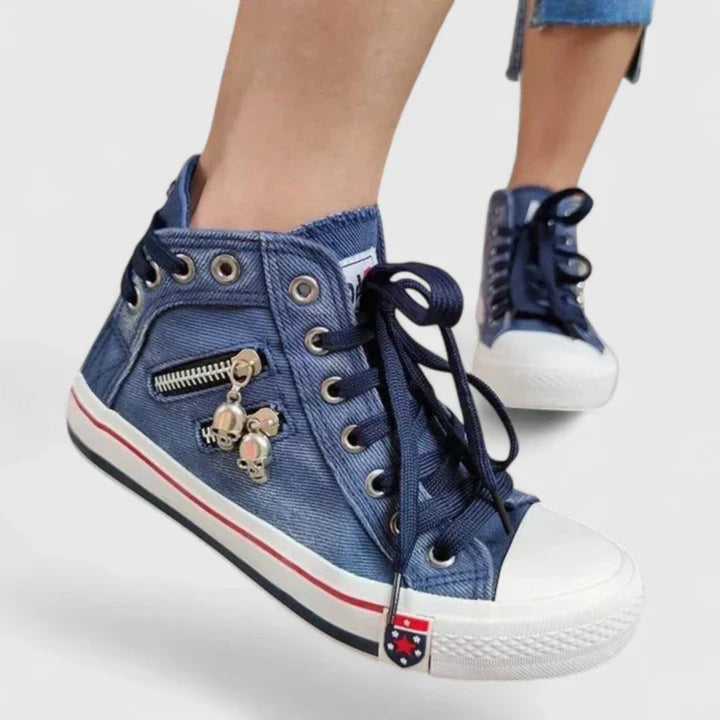 Kvinnors Denim Hög-Top Sneakers – Snörning Casual Sneakers med Sidodragkedja
