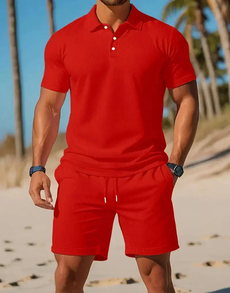 Herrstickad polo och shorts casual set