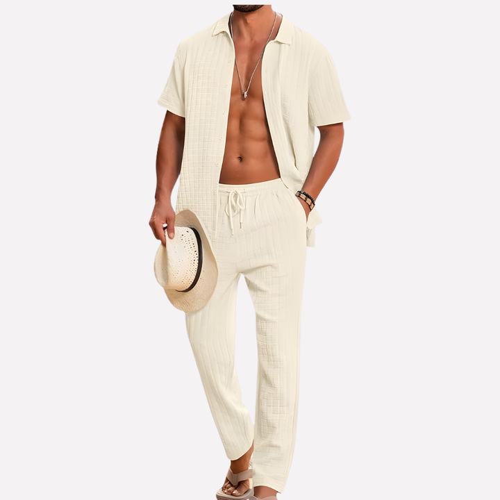 Herrars sommar co-ord set texturerad skjorta avslappnade byxor