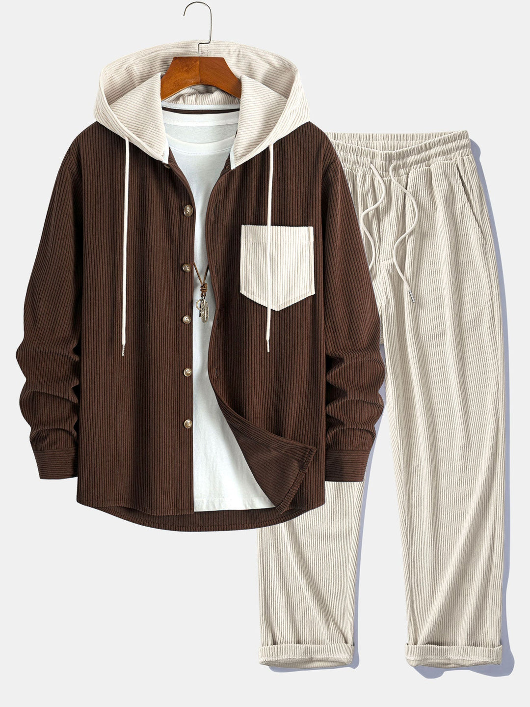 Herrars Corduroy Hooded Overshirt med Raka Byxor – Helglagringsoutfit
