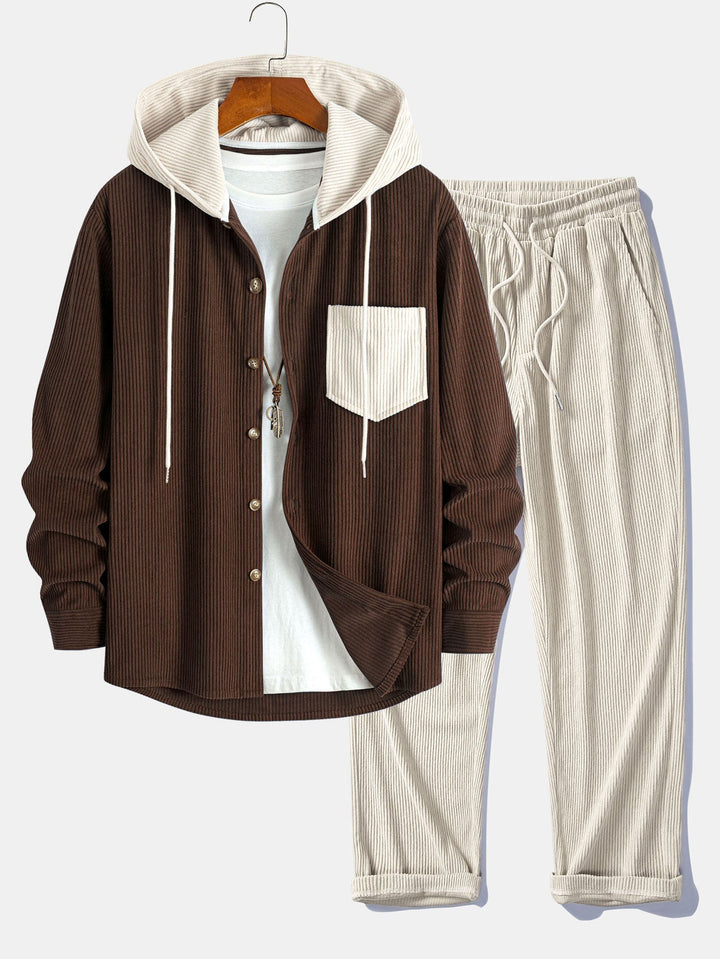 Herrars Corduroy Hooded Overshirt med Raka Byxor – Helglagringsoutfit
