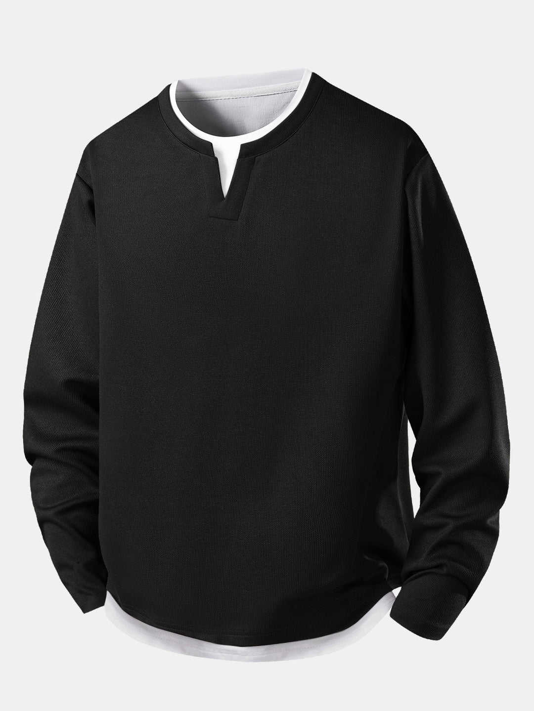 Mans Layered Notch Neck Långärmad T-Shirt – Avslappnad Texturerad Casual Top