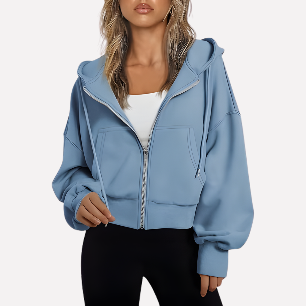 Dam Zip Hoodie Avslappnad Passform Croppad Dragkedja Jacka