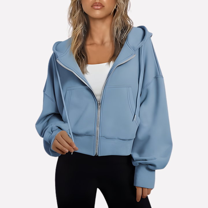 Dam Zip Hoodie Avslappnad Passform Croppad Dragkedja Jacka