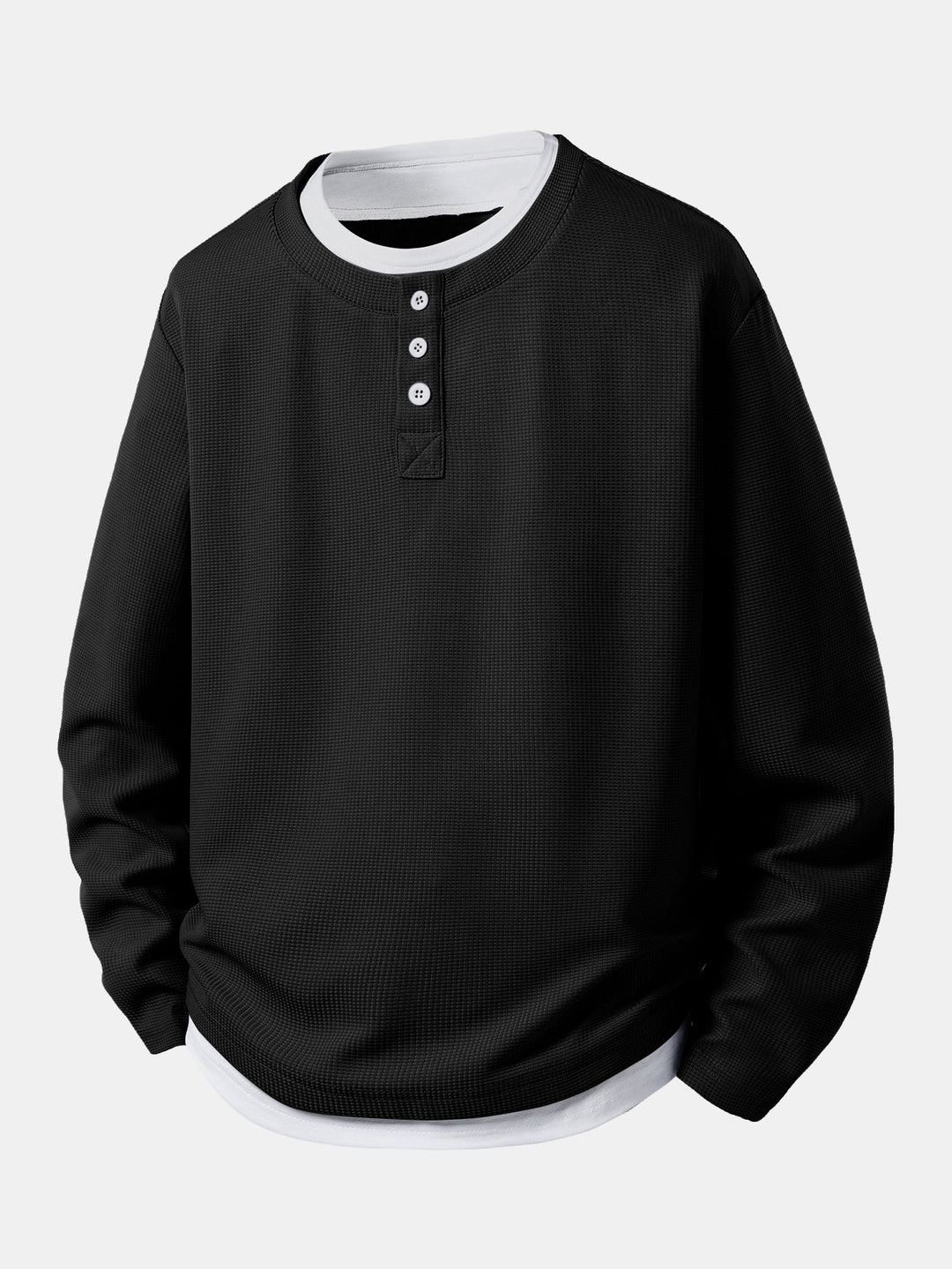 Mans Henley Waffle T-Shirt med inbyggd lager – Texturerad långärmad vardagstop