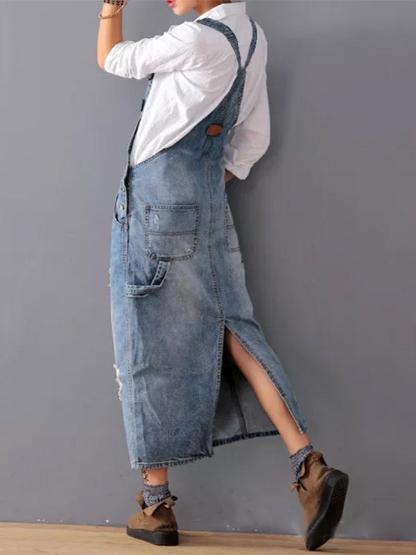 Kvinnors Sliten Denim Pinafore Maxi Klänning Med Fickor
