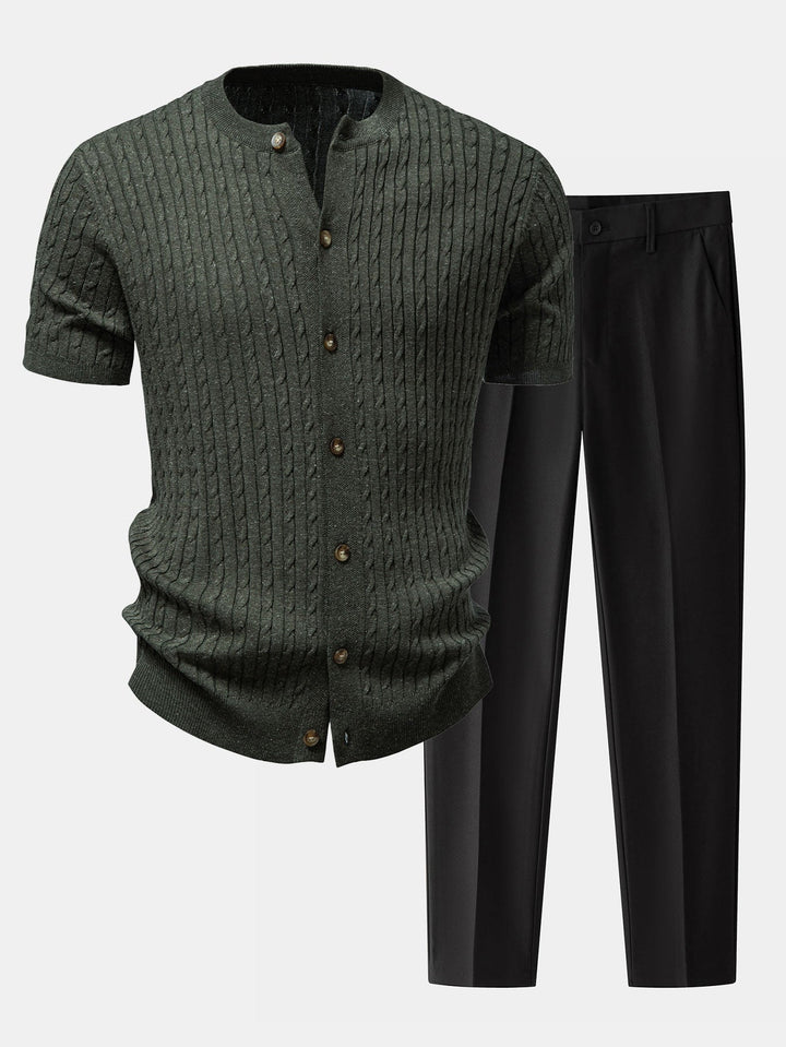 Herrens Kabelstickade Knappskjorta med Avsmalnande Byxor – Raffinerad Smart Casual Set