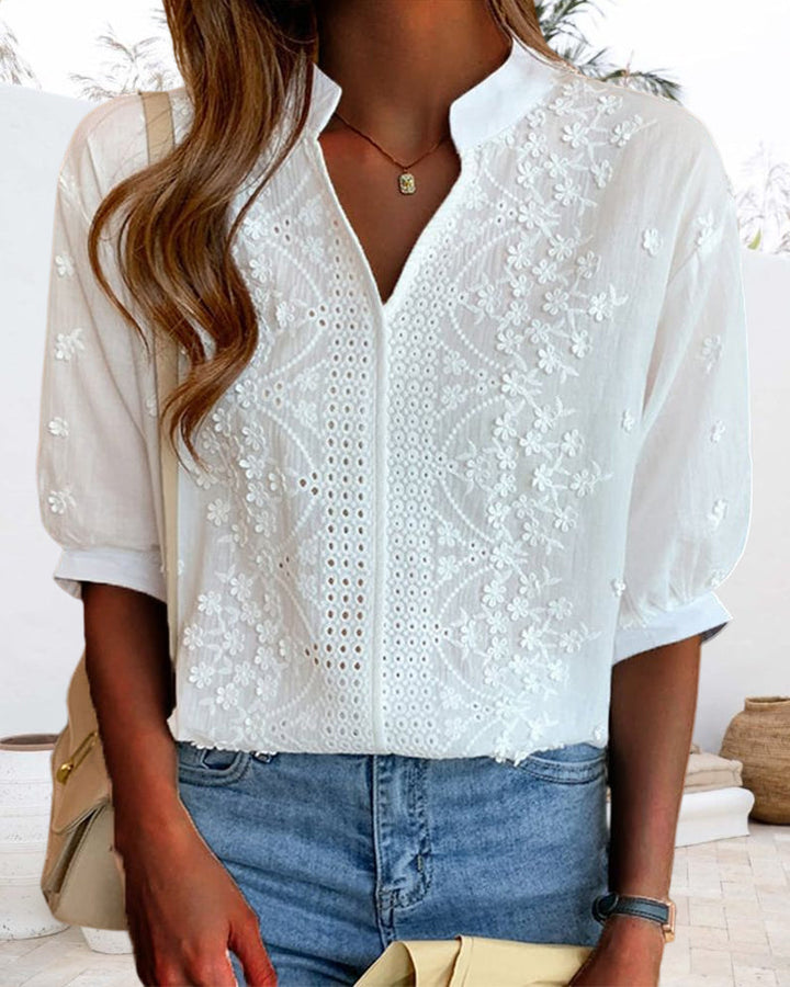 Kvinnors Broderad Puffärmad Blus – Avslappnad Sommartopp för Smart Casual Klädsel