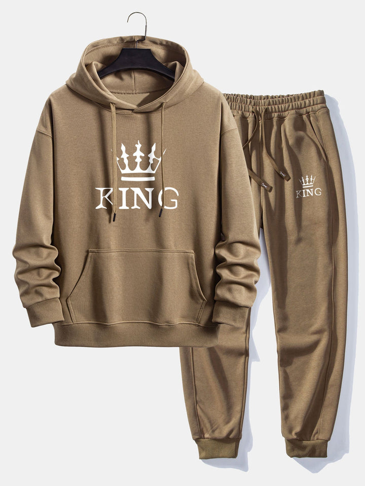 Herrars tryckta avslappnade träningsoverall – Hoodie-set i bomullsblandning för streetwear och resor