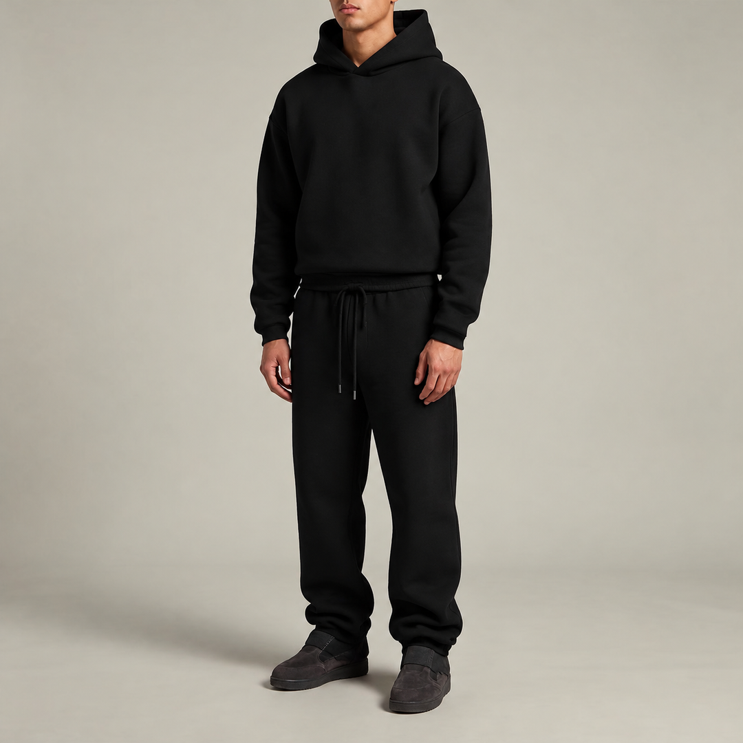 Mäns Oversized Huva Träningsdräkt Set – Varm Bomullsblandning Loungewear för Vinter