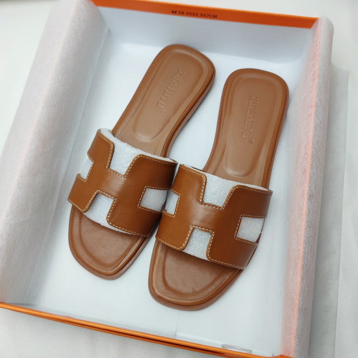 Kvinnors lädersandaler med H-rem, låg klack, eleganta sommarcasual skor