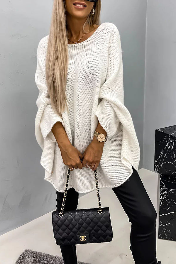 Kvinnors Draperad Stickad Poncho – Avslappnad Rundhalsad Tröja för Smart Casual Lager