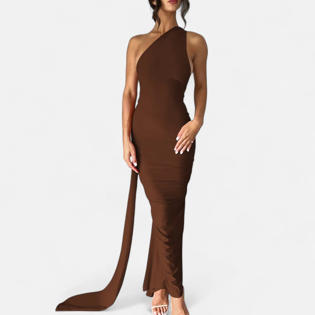 Kvinnors Enaxlad Halterneck Maxi Klänning – Fitted Gown för Kvällsevenemang