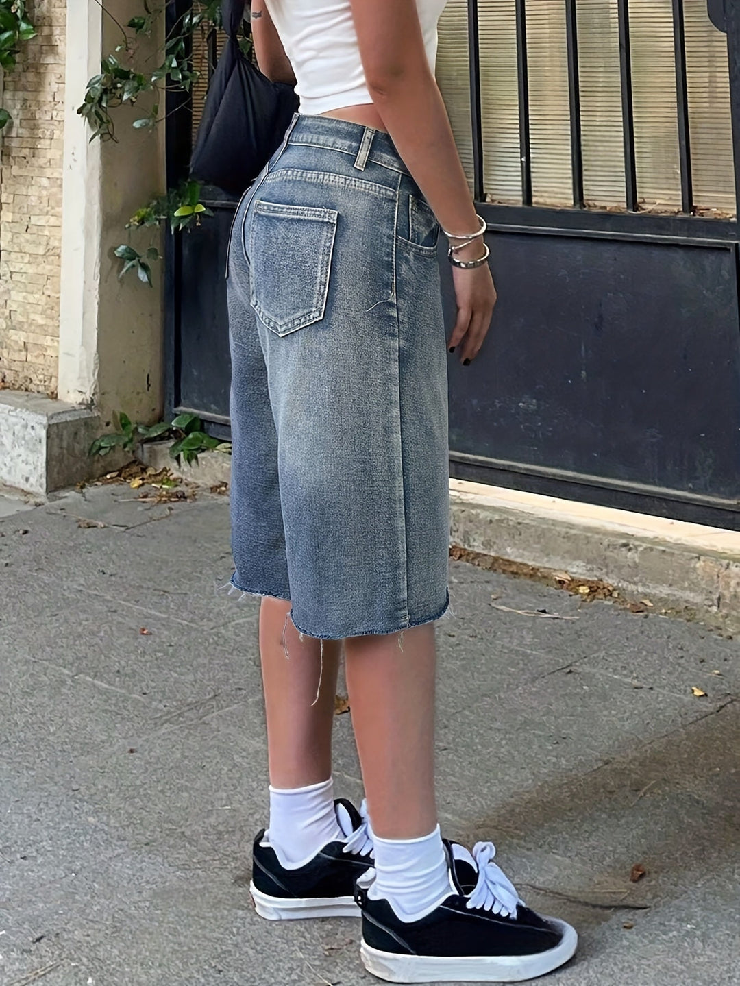 Kvinnors Denim Jorts Avslappnad Passform Hög Midja Vid Ben Knälängd Casual Shorts