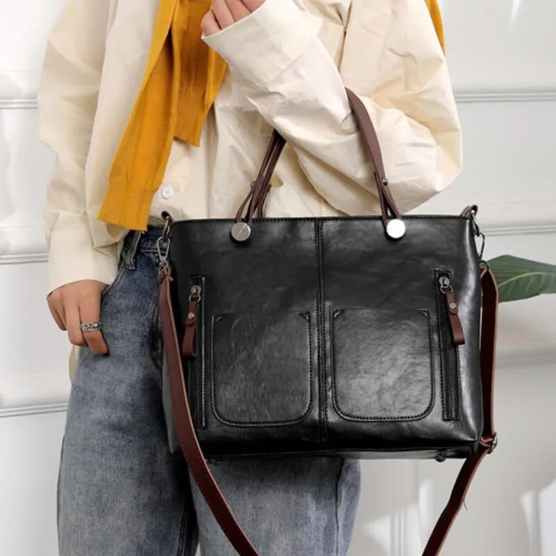 Kvinnors Vintage Läder Tote Handväska Med Flera Fickor