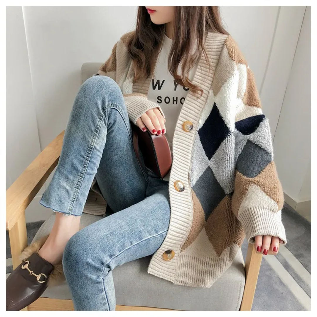 Kvinnors Tryckt Oversized Cardigan – Mjuk V-ringad Knapp-up Stickad för Höstlager