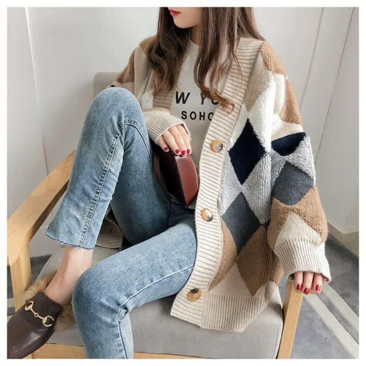 Kvinnors Tryckt Oversized Cardigan – Mjuk V-ringad Knapp-up Stickad för Höstlager