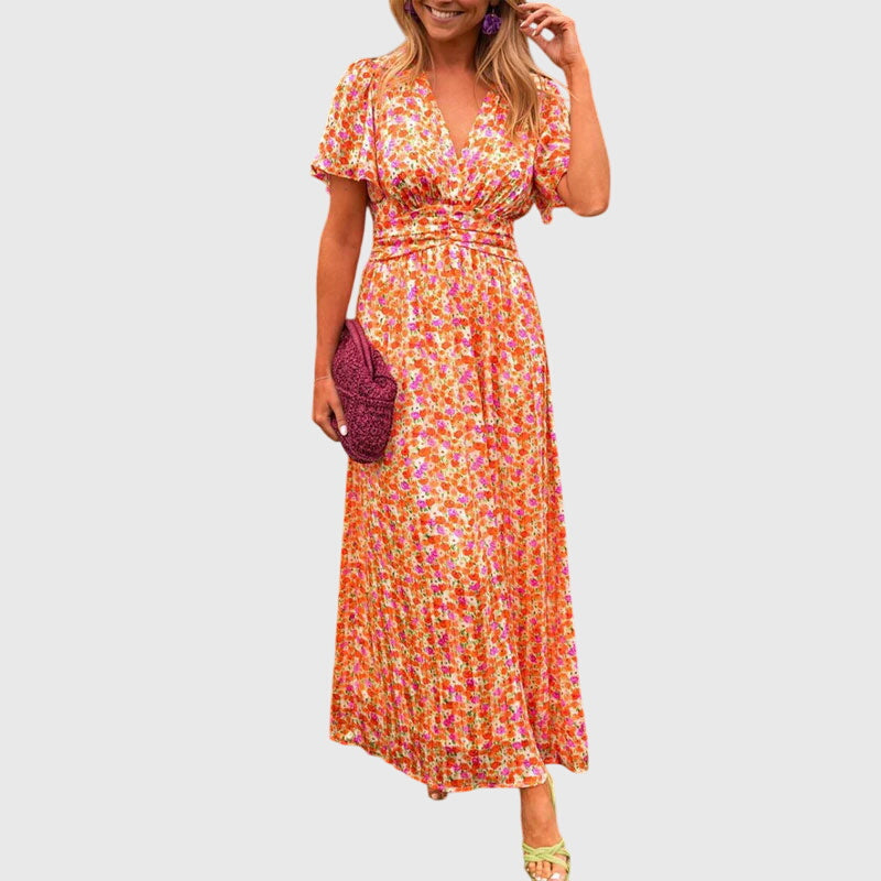 Kvinnors Tryckt Wrap-Stil Maxi Klänning – Kortärmad Outfit för Sommarevenemang