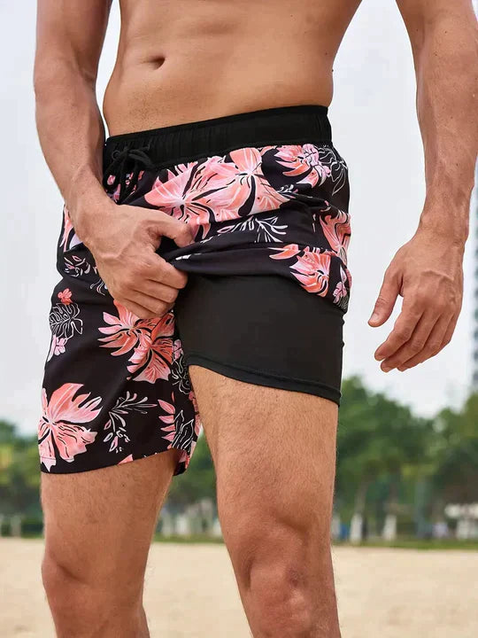 Herrarnas tryckta badshorts med dragsko för stranden