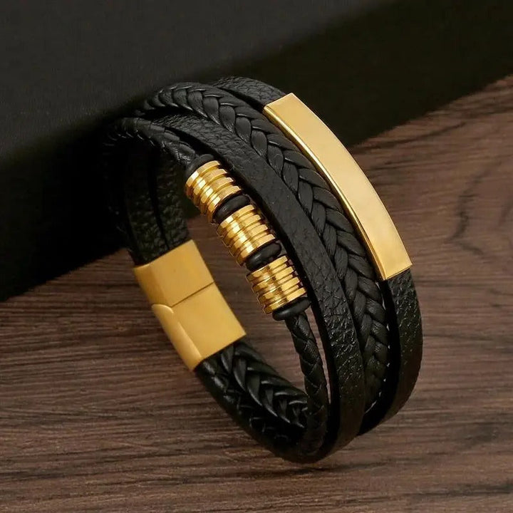 Herrarnas Flätade Läderarmband med Lager av Metall Detaljer Uttalat Tillbehör