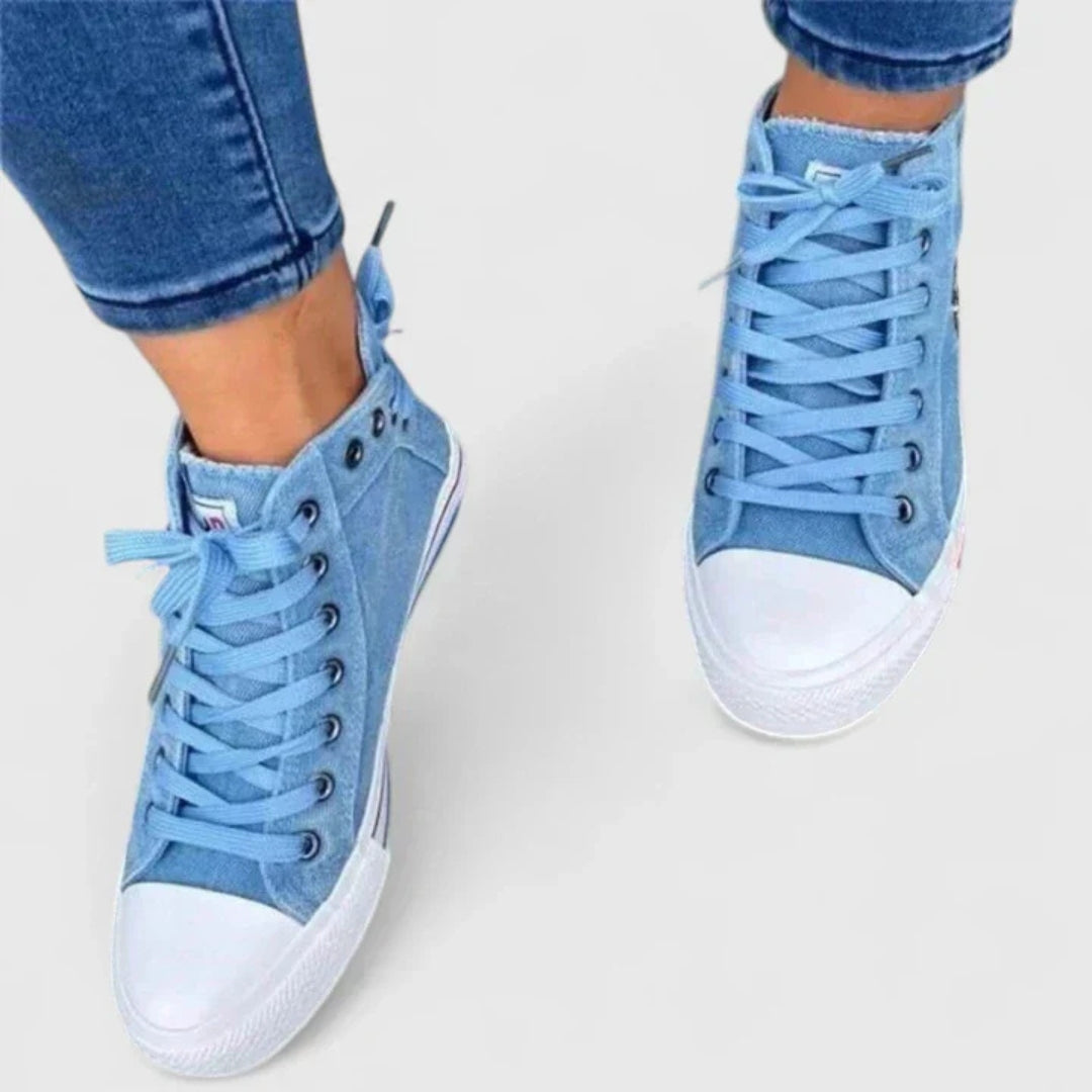 Kvinnors Denim Hög-Top Sneakers – Snörning Casual Sneakers med Sidodragkedja