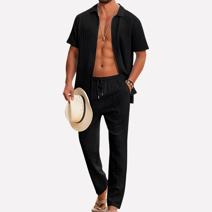 Herrars sommar co-ord set texturerad skjorta avslappnade byxor