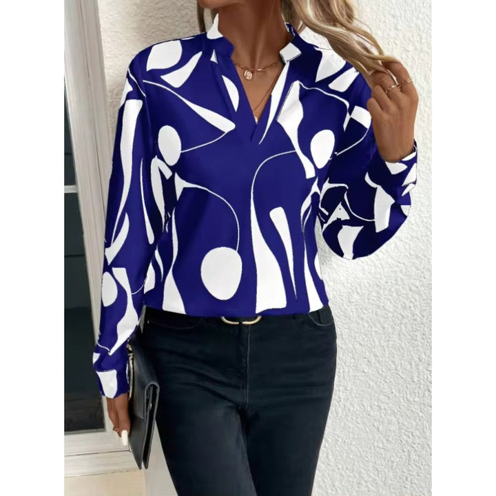 Kvinnors Abstrakta Mönster V-ringad Blus – Avslappnad Långärmad Stil för Smart Casual Klädsel