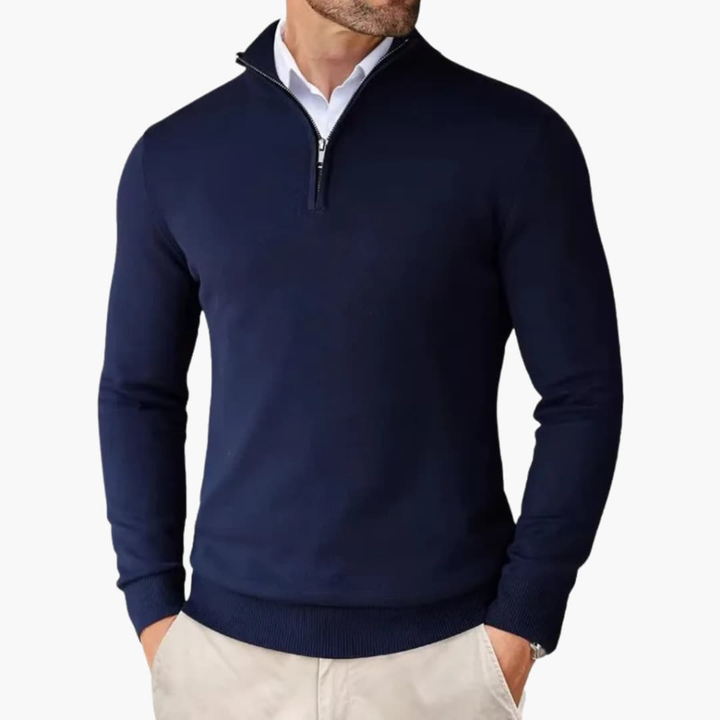Herrars Quarter Zip Pullover Ribbad Nederkant Stickad Topp