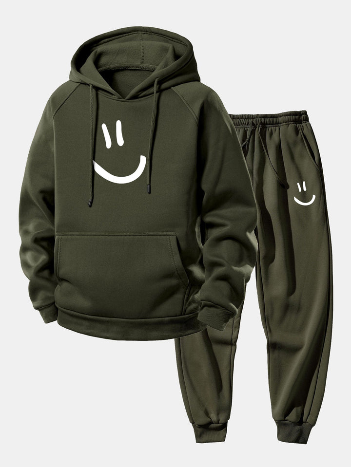 Herrens Loose Fit Hoodie Träningsdräkt – Tryckt Polyester Set med Taperade Joggers