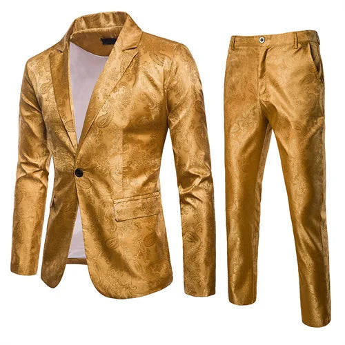 Herrarnas Jacquard Kostymset Slim Fit Formell Blazer Byxor