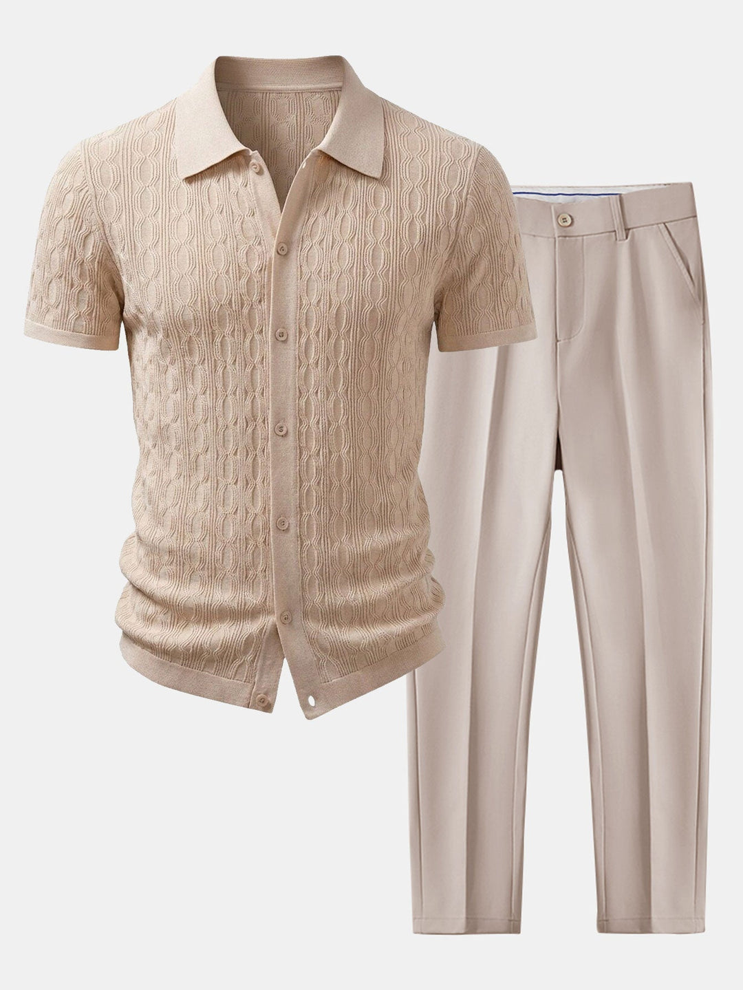 Herrarnas Viskos Texturerad Stickad Skjorta och Stretch Tapered Byxor – Smart Casual Sommarset