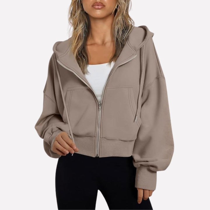 Dam Zip Hoodie Avslappnad Passform Croppad Dragkedja Jacka