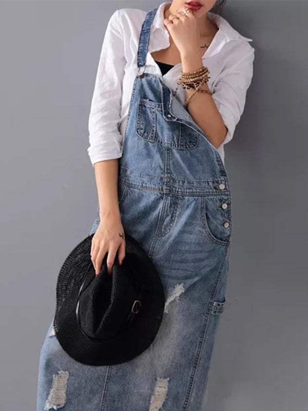 Kvinnors Sliten Denim Pinafore Maxi Klänning Med Fickor