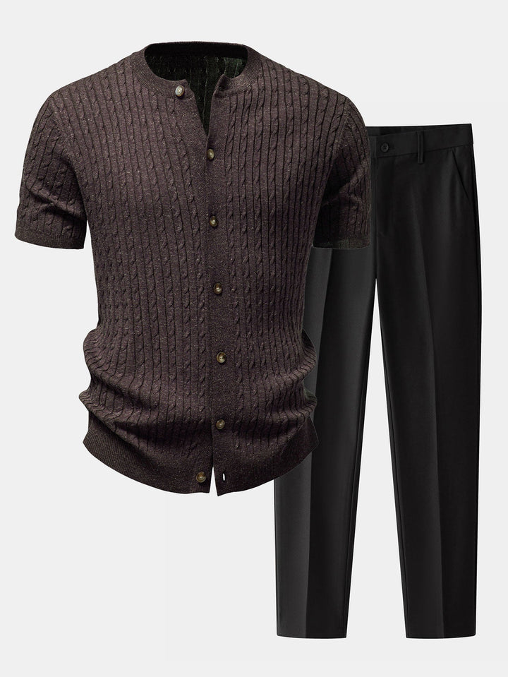 Herrens Kabelstickade Knappskjorta med Avsmalnande Byxor – Raffinerad Smart Casual Set