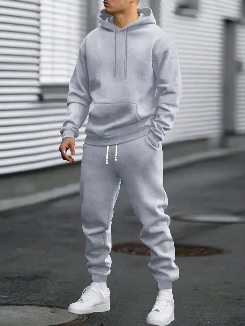 Herr Hoodie och Joggers Set – Avslappnad Tvådelad Träningsoverall för Resor och Fritid