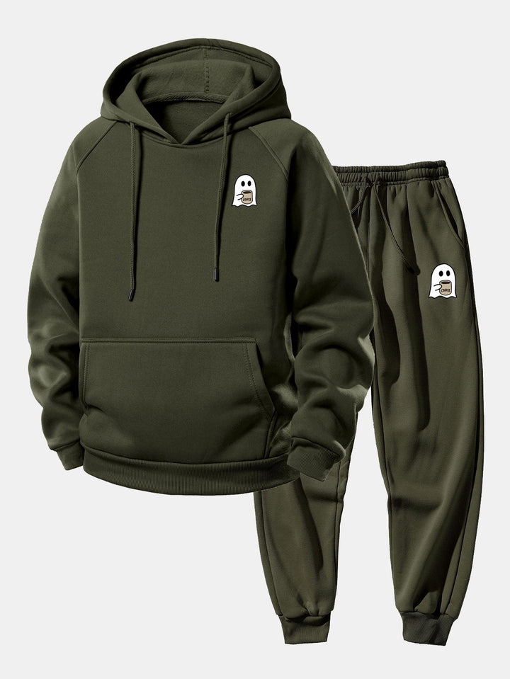 Herrarnas Hooded Polyester Träningsoverall – Avslappnad Tryckt Set med Taperade Joggers för Avslappnade Dagar