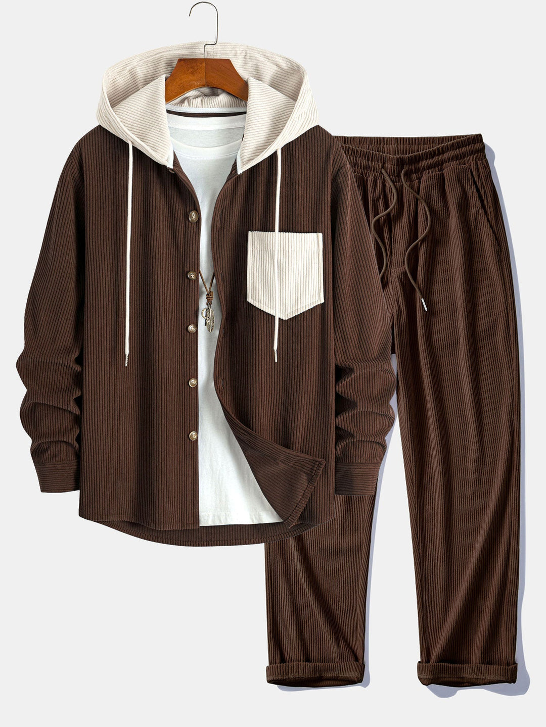 Herrars Corduroy Hooded Overshirt med Raka Byxor – Helglagringsoutfit