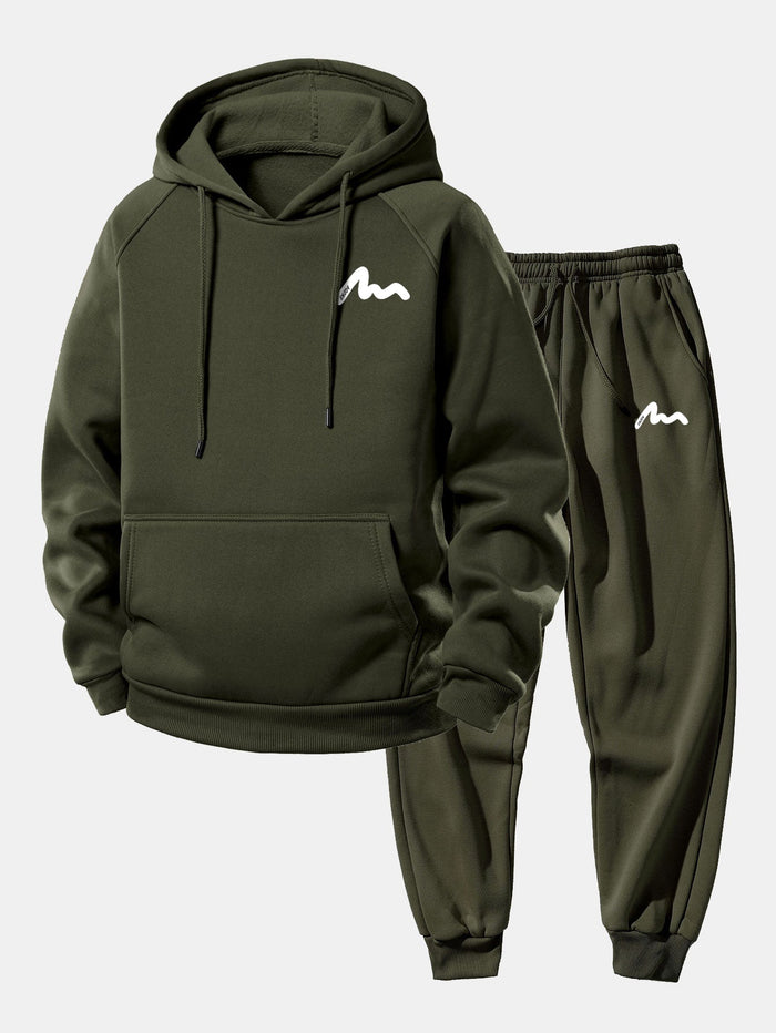 Herrarnas tryckta hoodie-träningsoverall – Avslappnad polyester-jogger-set för streetwear och vardagsbruk