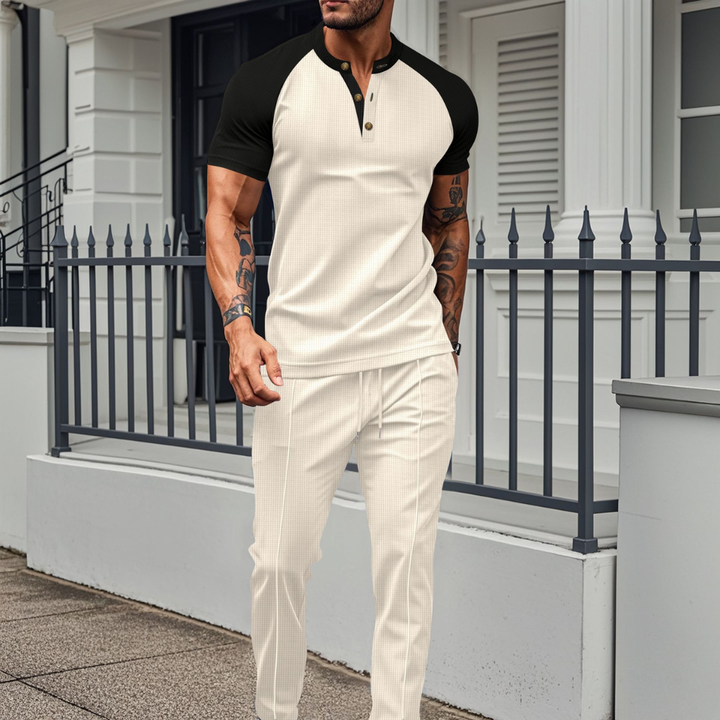 Herrars Kontrast Henley T-Shirt och Texturerad Jogger Set