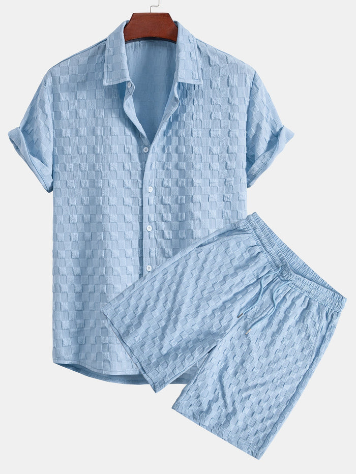 Mäns texturerad skjorta och shorts set för sommarresor och helgklädsel