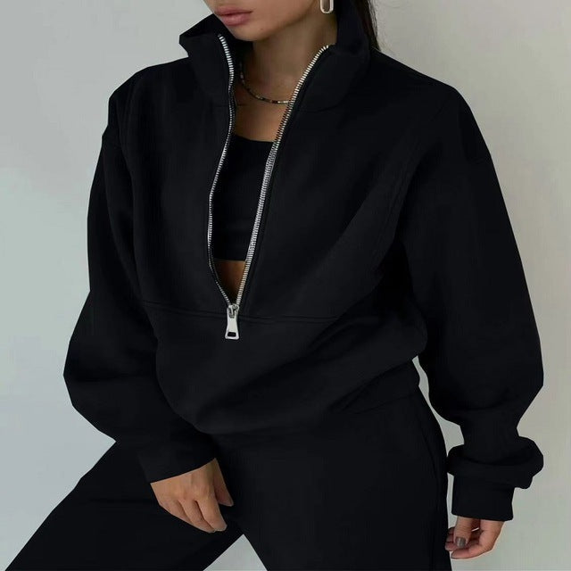 Kvinnors Halv-Zip Sweatshirt och Jogger Set – Avslappnad Tvådelad Sportig Stil